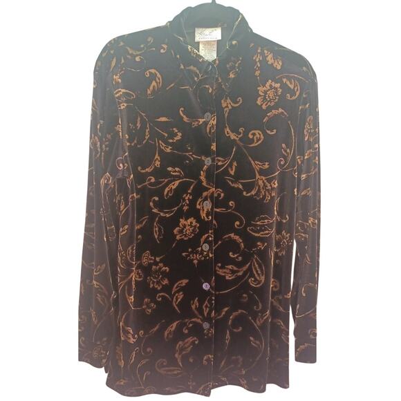 VTG Kathie Lee Collection Velvet Tunic Blouse Small Black Gold Floral 90s Shirt - Picture 1 of 8